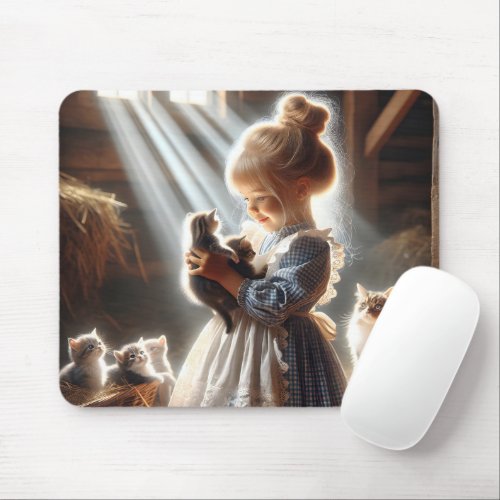 Little Girl With Kittens Mouse Pad