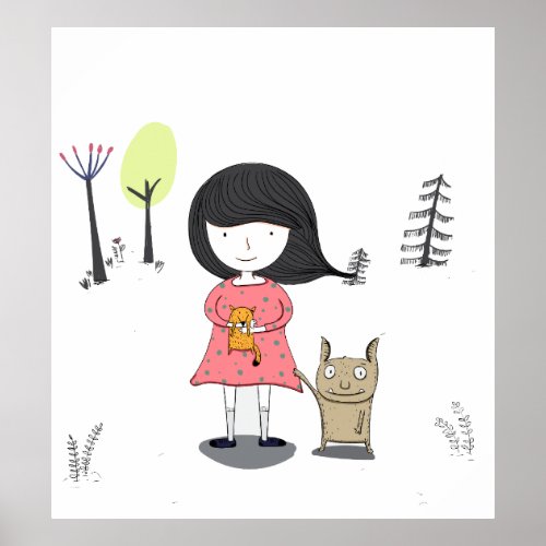 Little girl with monster friend comic kids poster