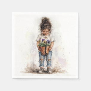 Little Girl with Pansies in Broken Pot Napkins