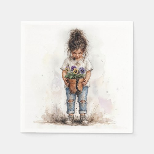 Little Girl with Pansies in Broken Pot Napkins