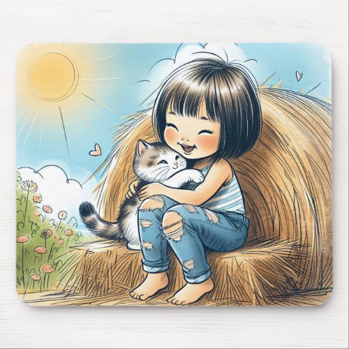Little Girl With Pet Kitten Mouse Pad