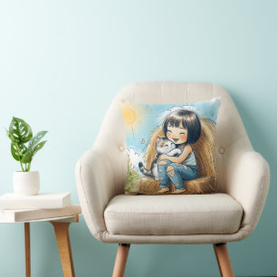 Little Girl With Pet Kitten Throw Pillow