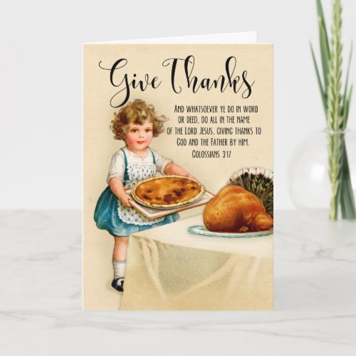 Little Girl with Pie and Turkey for Thanksgiving Card