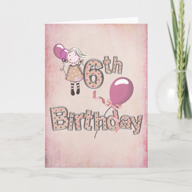 Little Girl With Pink Balloons for 6th Birthday Card (Front)