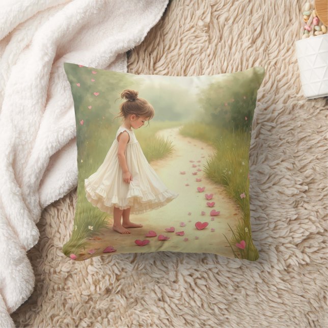 Little Girl With Pink Hearts On a Dirt Path Throw Pillow (Blanket)