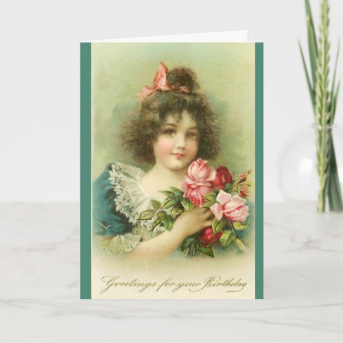 Little Girl with Pink Roses Birthday Card