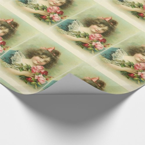 Little Girl with Pink Roses Birthday Party Wrapping Paper