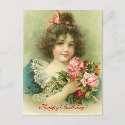 Little Girl with Pink Roses Birthday Postcard