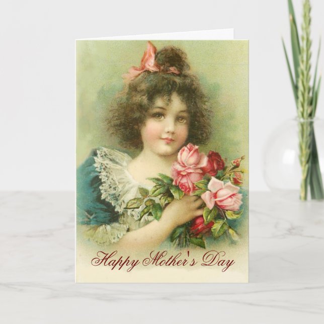 Little Girl with Pink Roses Mother's Day Card (Front)