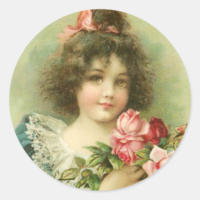 Little Girl with Pink Roses Valentine's Day Classic Round Sticker (Front)