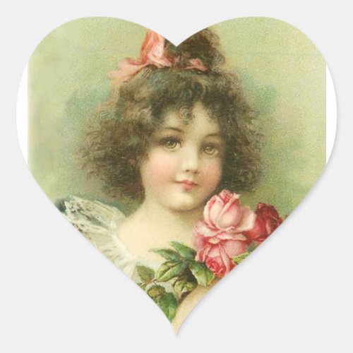Little Girl with Pink Roses Valentines Day Heart Sticker