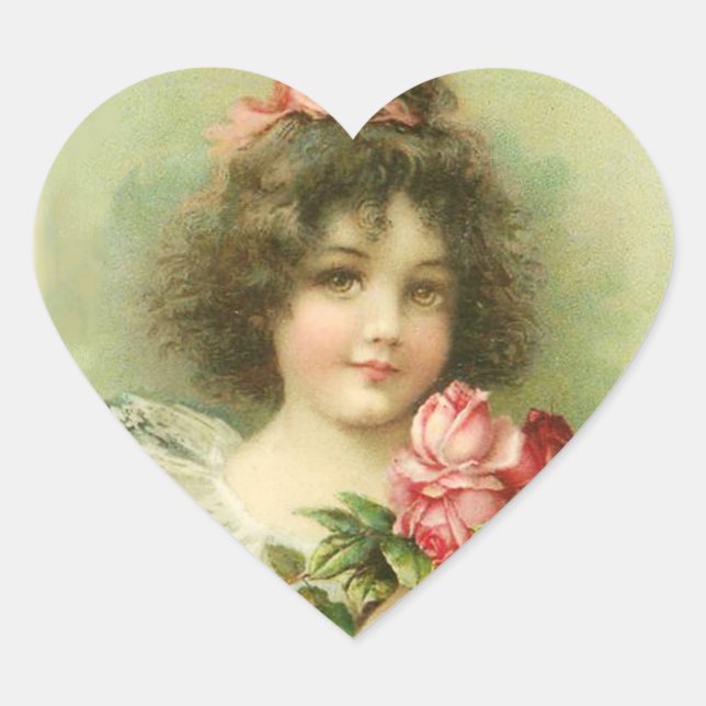 Little Girl with Pink Roses Valentine's Day Heart Sticker (Front)