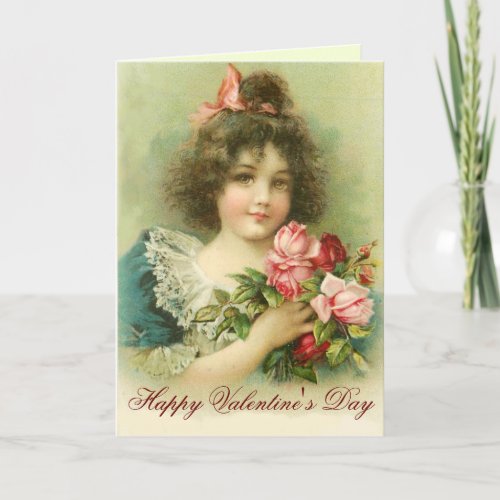 Little Girl with Pink Roses Valentines Day Holiday Card
