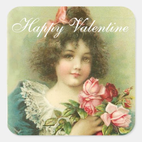 Little Girl with Pink Roses Valentines Day Square Sticker
