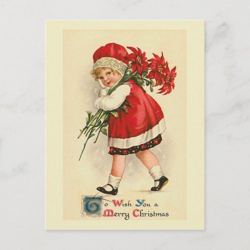Little Girl with Poinsettias Vintage Postcard