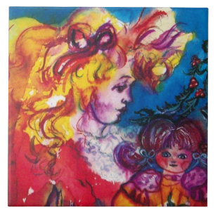 LITTLE GIRL WITH PRETTY DOLL Christmas Ceramic Tile