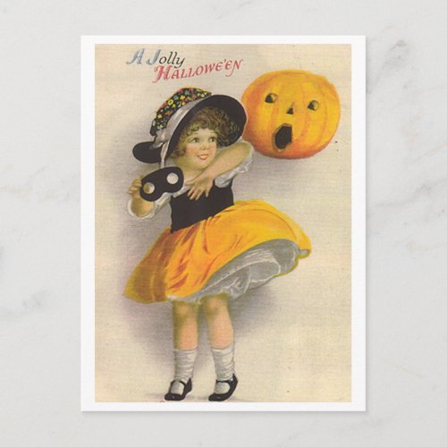 Little Girl with Pumpkin and Mask Postcard