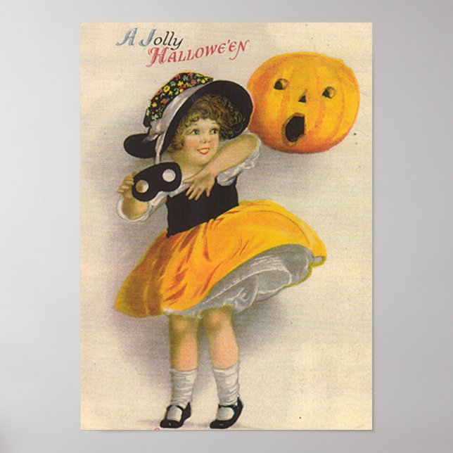 Little Girl with Pumpkin and Mask Poster (Front)