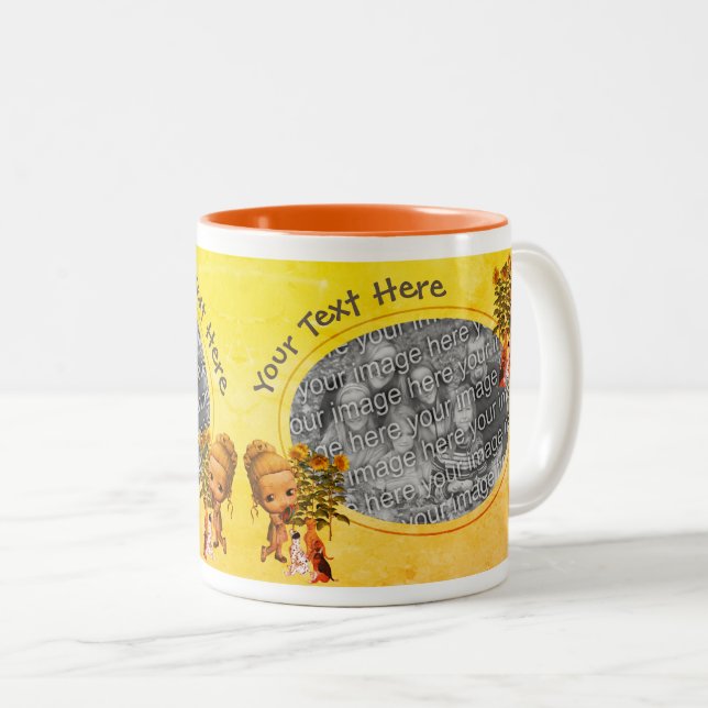 Little Girl With Puppies Personalized Photo  Two-Tone Coffee Mug (Front Right)