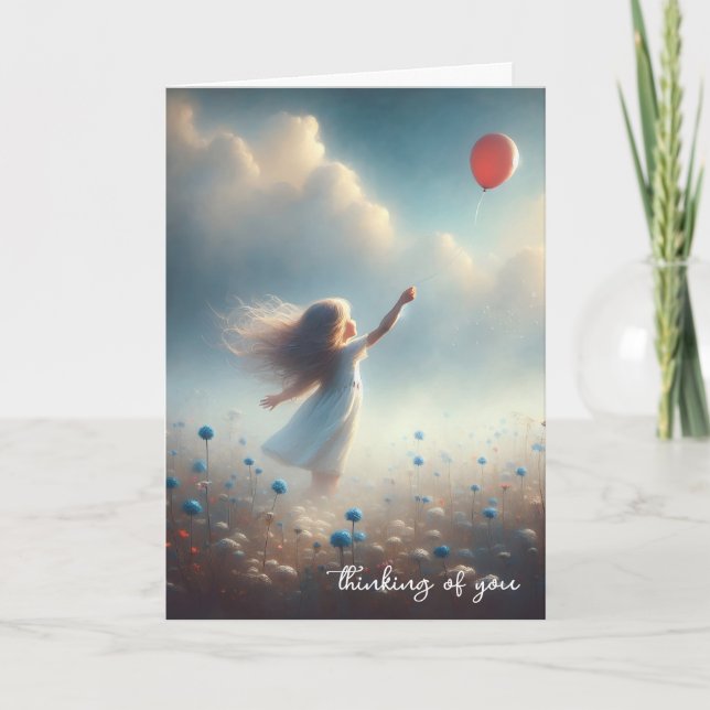 Little Girl With Red Balloon Thinking Of You Card (Front)
