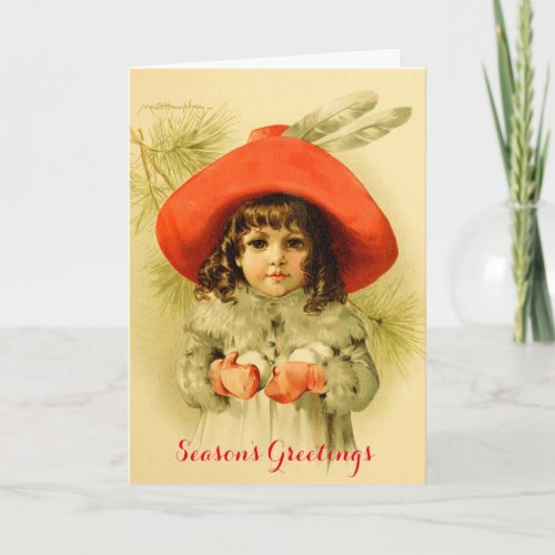 Little Girl with Red Hat Playing Snowball Winter Holiday Card