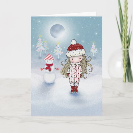 Little Girl With Snowman Christmas Card