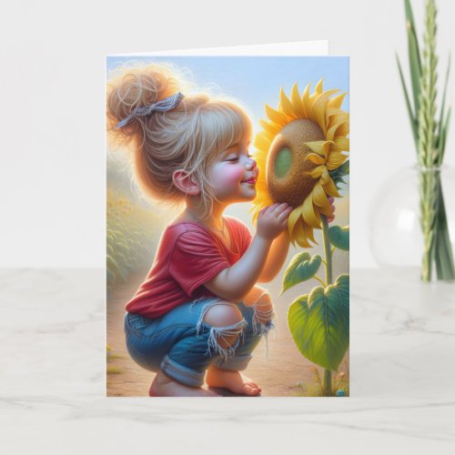 Little Girl With Sunflower Card