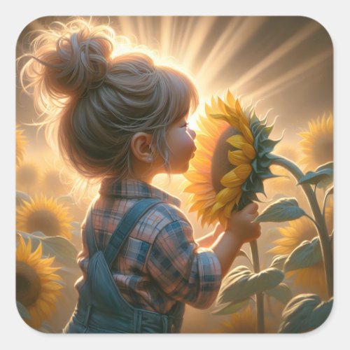 Little Girl With Sunflower Square Sticker