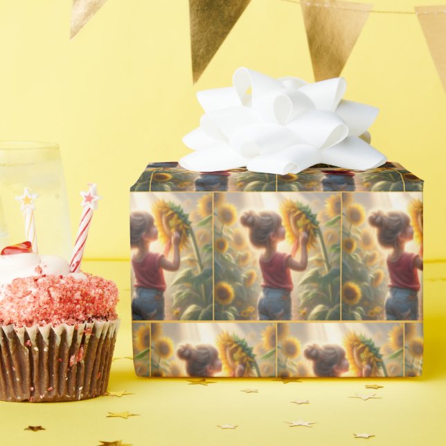 Little Girl With Sunflower Wrapping Paper (Birthday Party)