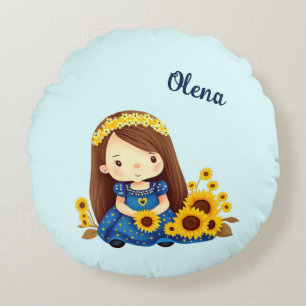 Little girl with sunflowers round pillow