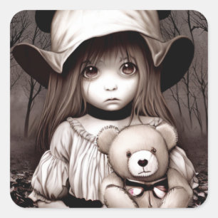 Little Girl with Teddy Bear in Scary Woods Square Sticker