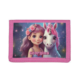 Little Girl with Unicorn Personalized Tri-fold Wallet