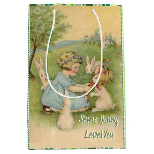 Little Girl with White Bunnies Easter Holiday Medium Gift Bag