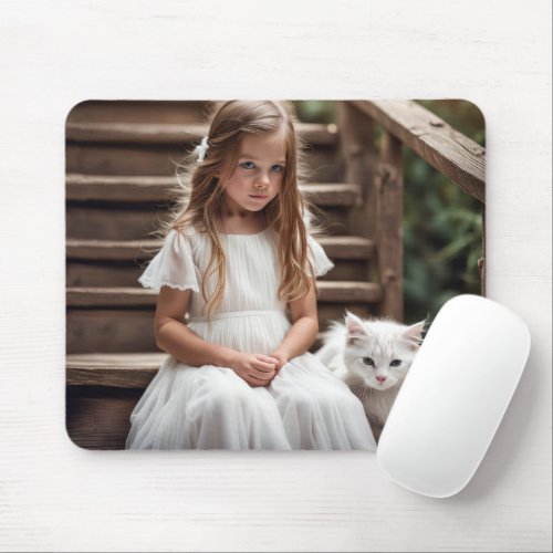 Little Girl With White Cat Mouse Pad