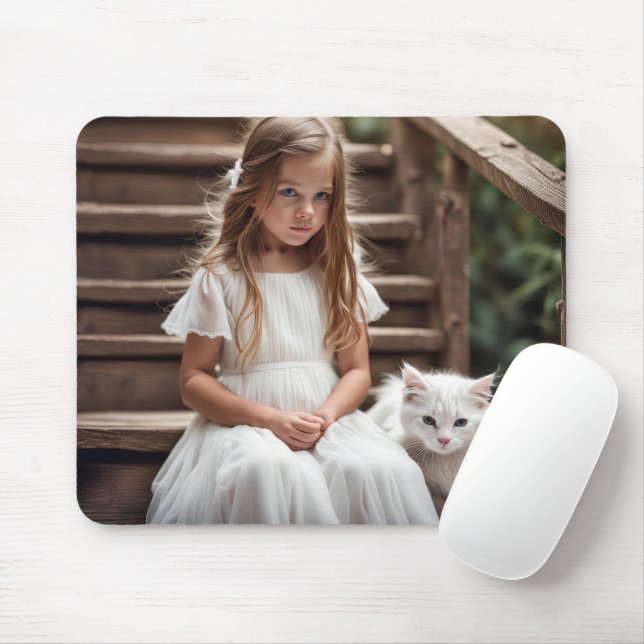 Little Girl With White Cat Mouse Pad (With Mouse)