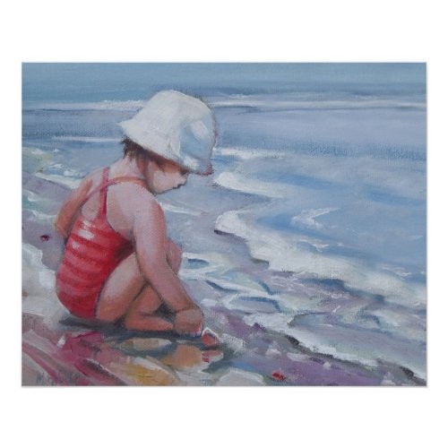 Little girl with white hat at the beach poster