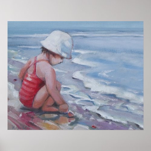 Little girl with white hat at the beach poster