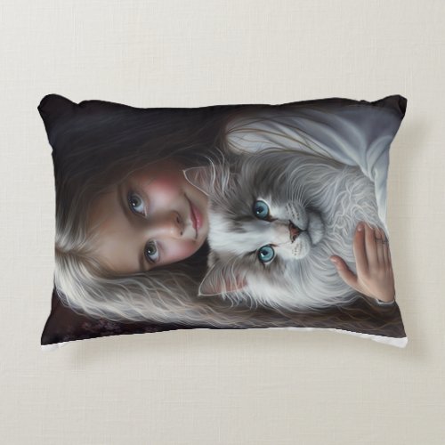 little girl with white siberian cat accent pillow