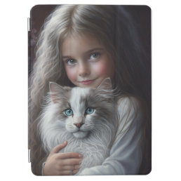 little girl with white siberian cat iPad air cover