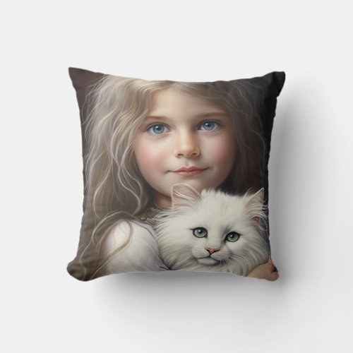 little girl with white siberian cat throw pillow