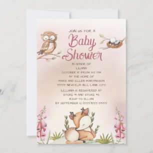 Little Girl Woodland Animals Deer Owl Baby Shower Invitation