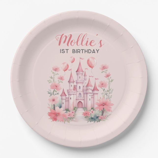 Little Girls 1st Birthday Pink Castle Princess Paper Plates (Front)