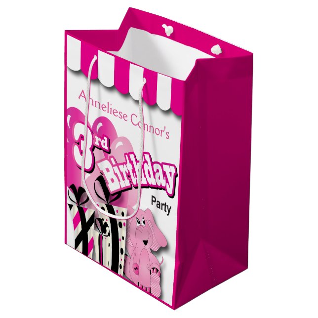 Little Girl's 3rd Birthday Party Medium Gift Bag (Front Angled)