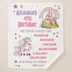 Little Girl's 4th Birthday Castle Unicorn  Sherpa Blanket