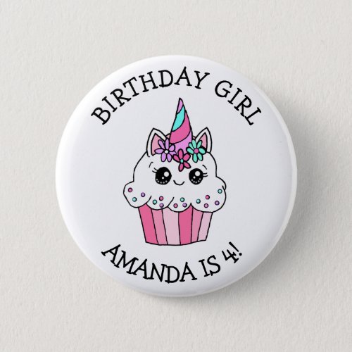 Little Girls Birthday Girl Unicorn Cupcake Button