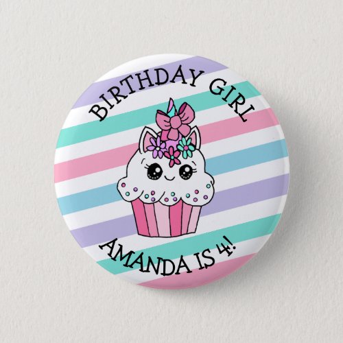 Little Girls Birthday Girl Unicorn Cupcake Button