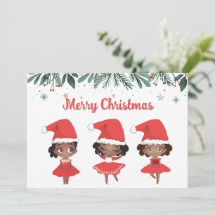 Little Girls Christmas Santa Hat Ballerinas Holiday Card