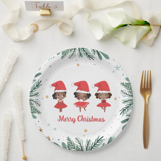 Little Girls Christmas Santa Hat Ballerinas Paper Plates (Wedding)