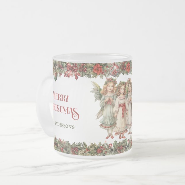 Little girls Christmas Victorian Angels with holly Frosted Glass Coffee Mug (Front Left)