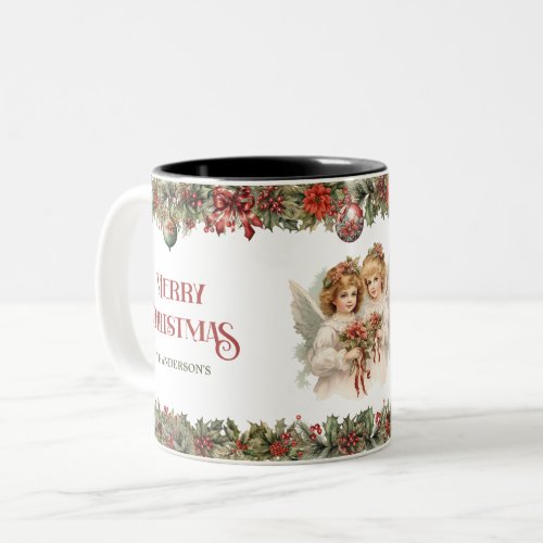 Little girls Christmas Victorian Angels with holly Two_Tone Coffee Mug